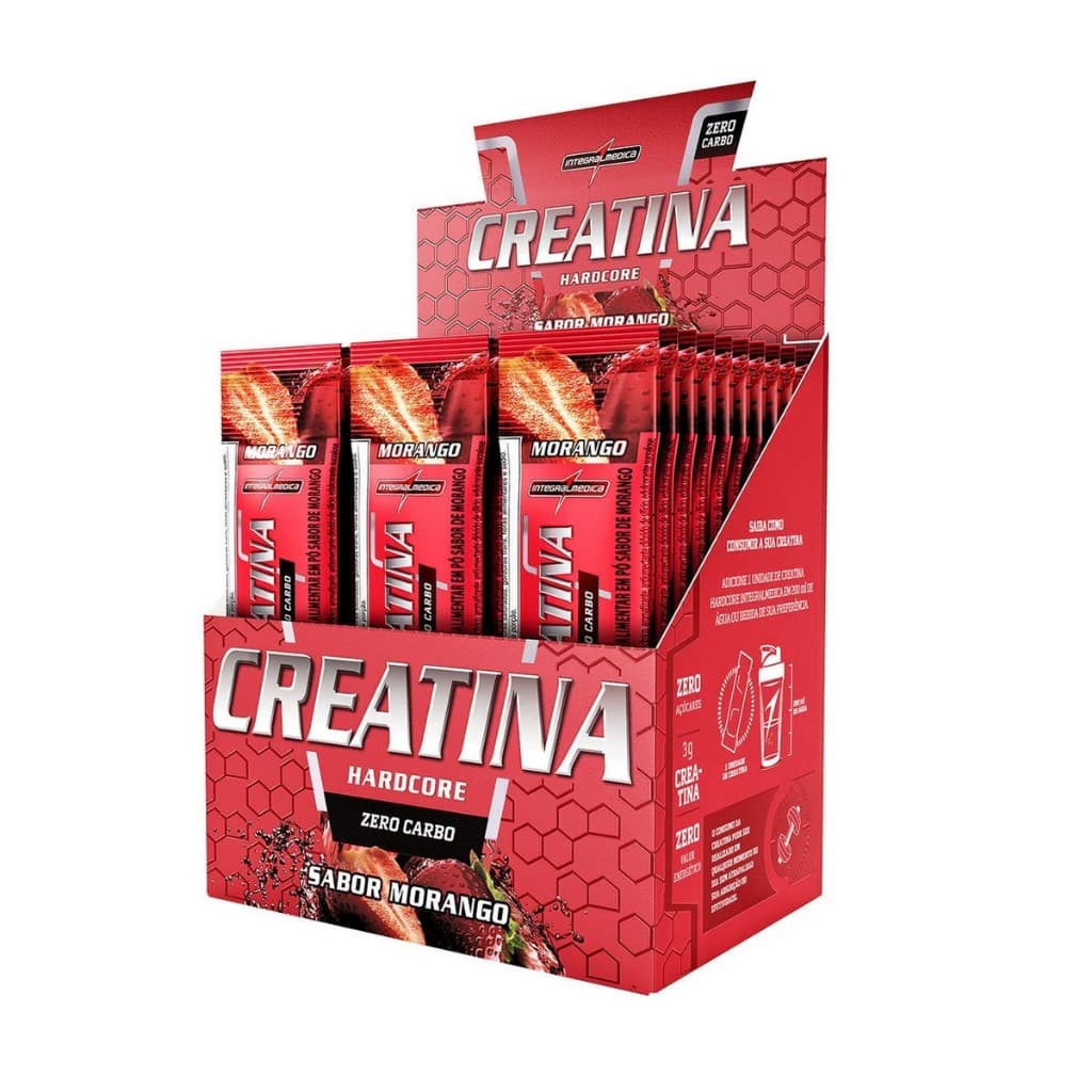 Creatina Hardcore 3,5g Stick sache dose unica caixa com 30 unidades sabor morango