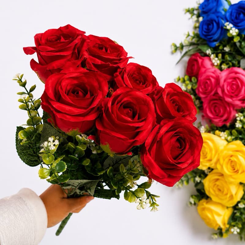 Buquê de Rosas com Folhagem C/ 10 Rosa Flor Artificial