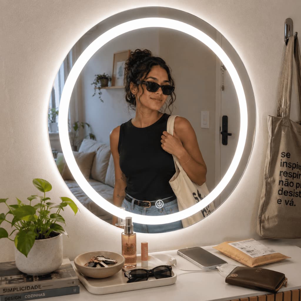 Espelho Led Decorativo com Touch 60cm Redondo Espelho de Banheiro Decoração Minimalista Espelho Luz