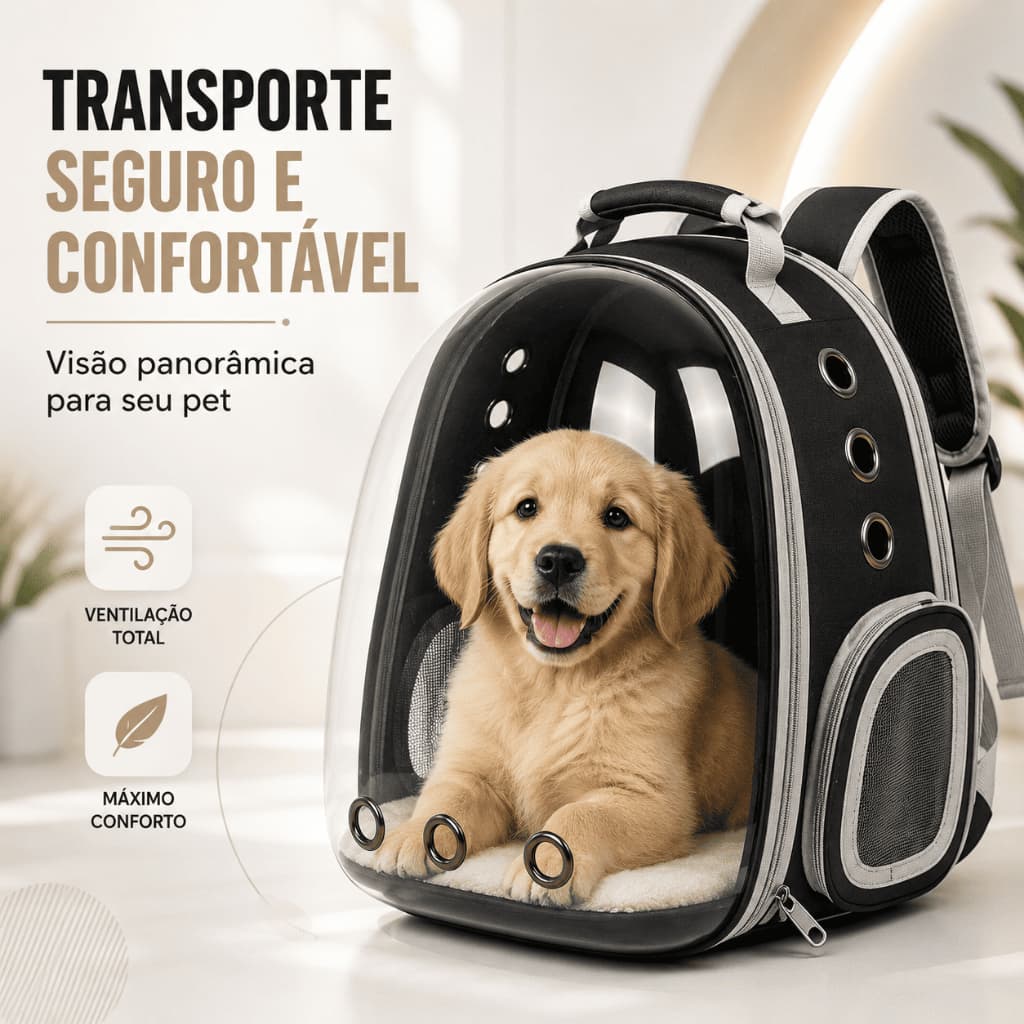Mochila Pet Transporte para Cachorro e Gatos Visão Ampla Panorâmica com Entrada de Ar