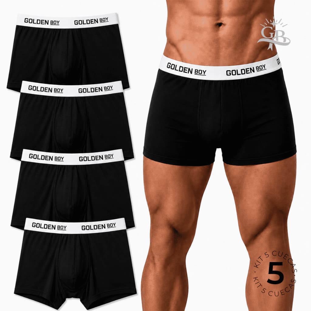 Kit 5 Cuecas Boxer Preta Masculina Adulto Lisas Básica Confortável com Forro 100% Algodão