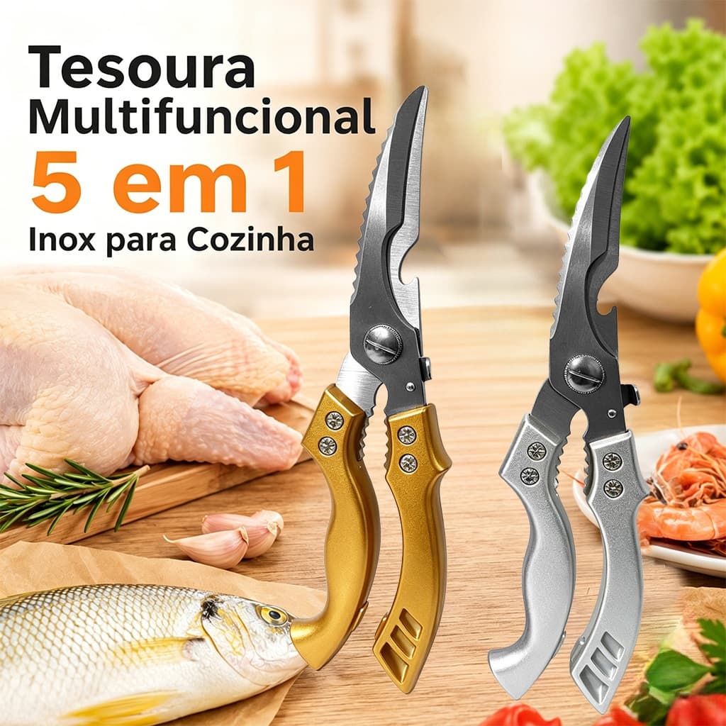 Tesoura de Cozinha Multiuso Abridor 5 Funções Aço Inoxidável Para Uso Doméstico e Churrasco