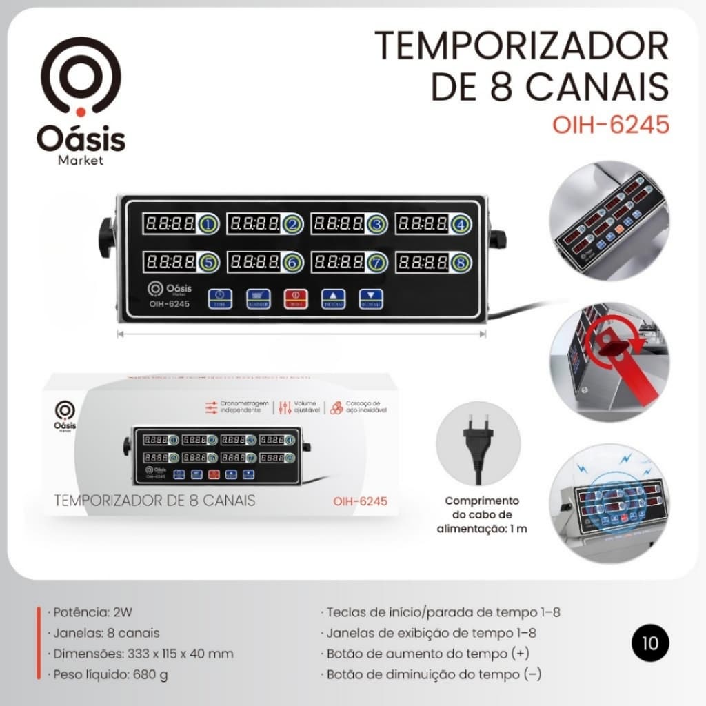 Temporizador Digital de Cozinha Comercial 8 Canais Cronometro Profissional de Cozinha Inox