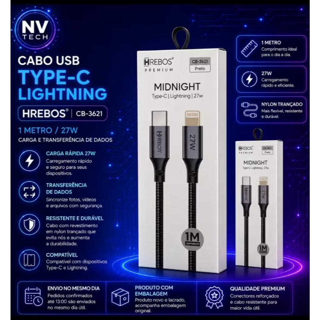 Cabo iphone alta qualidade Lightning para tipo C Midnight 27 w