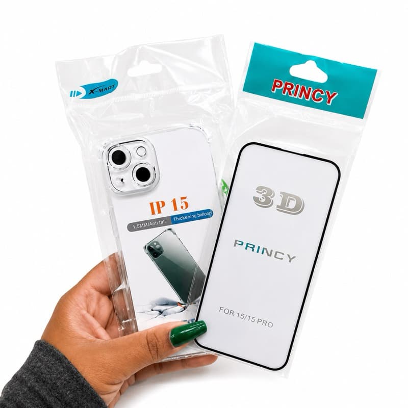 Kit Proteção Completa para IPHONE 15 Anti-Impacto + Película 3D de Vidro temperado.