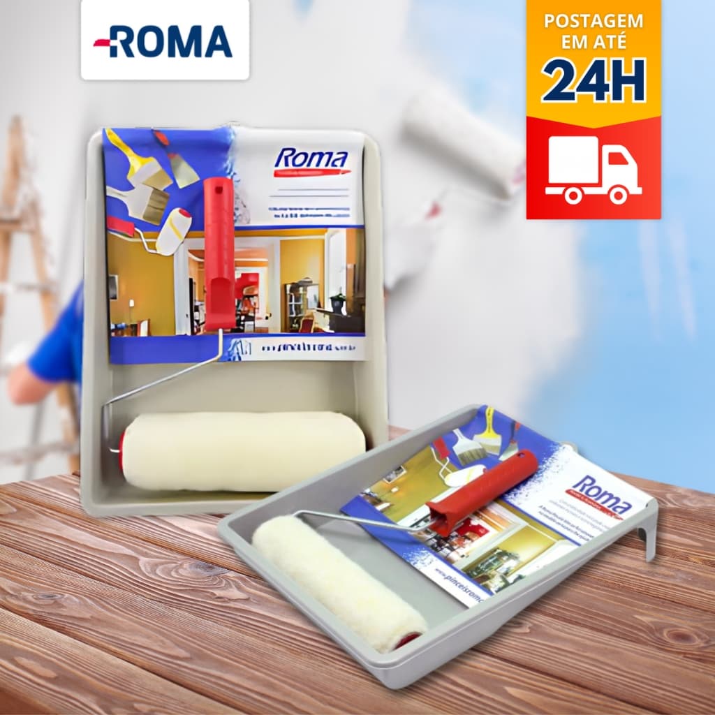 Kit Pintura Parede 3 Peças Roma - Rolo De Pintura Para Parede 23cm + Cabo para Rolo + Bandeja