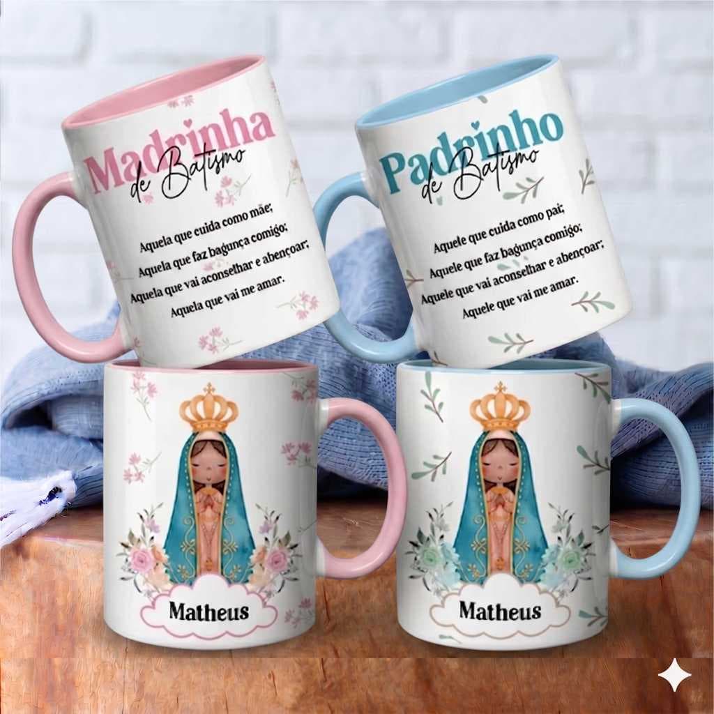 Caneca de Porcelana Personalizada com o nome  Madrinha Padrinho de Batismo Crisma Consagração