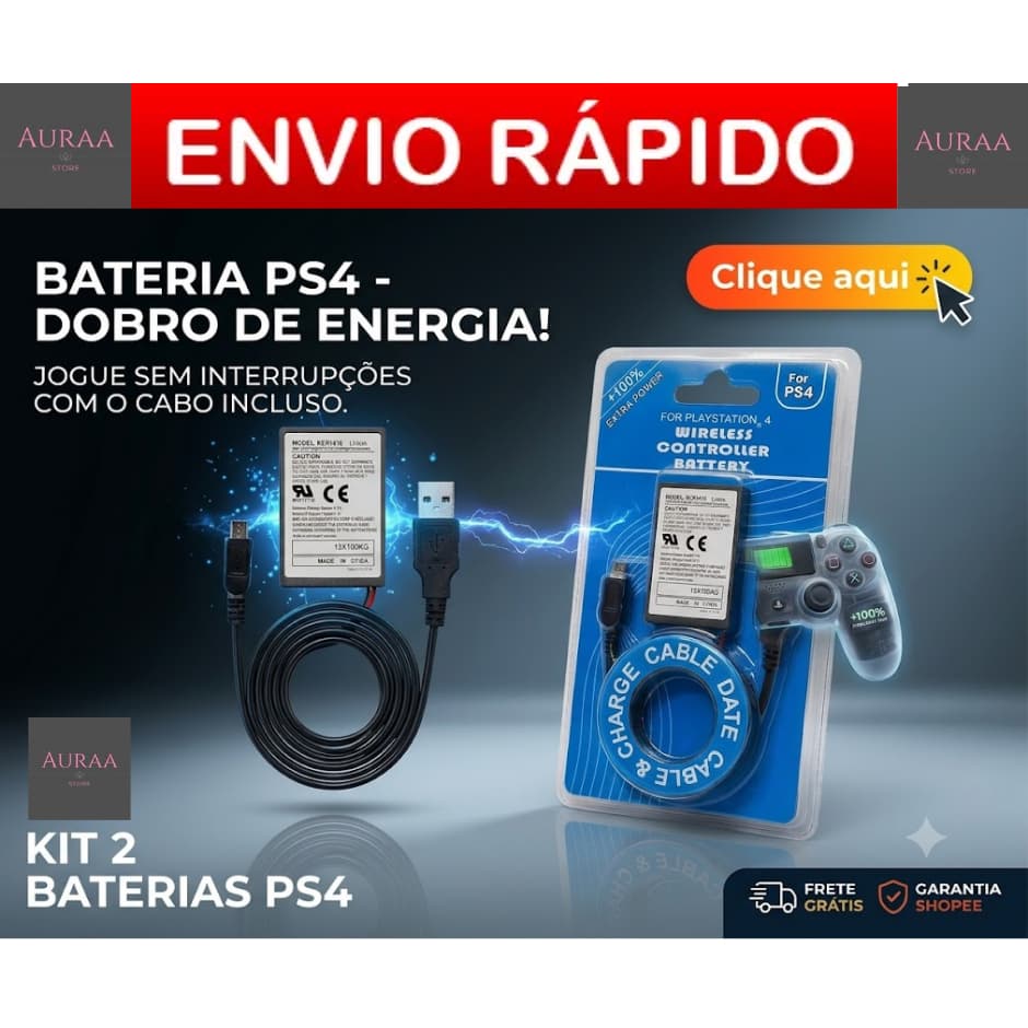 KIT 1 ou 2 Bateria Reposição para Controle DualShock 4 BAT PS4 Playstation 4  2000mah + Cabo Usb Longa Duração
