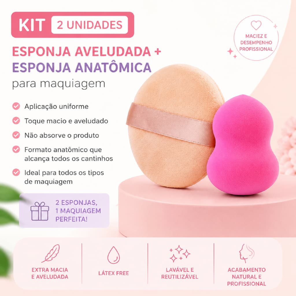 Kit com Esponjas Redonda  Maquiagem Anatômica Para Pó Solto e Compacto Base