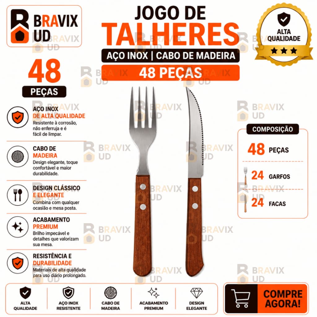 Jogo de Talheres 48 Peças CABO DE MADEIRA em 24 Garfos 24 Facas Inox de Mesa INOX Alta Qualidade Talher