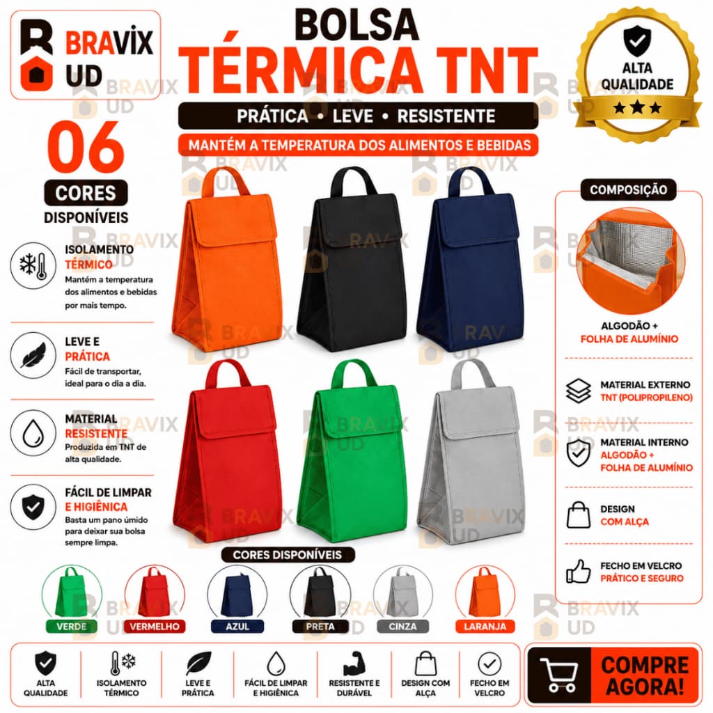 Bolsa Térmica 4,7 LITROS DOBRÁVEL em TNT Revestimento Algodão Folha de Alumínio Praticidade Marmita Mantém Temperatura