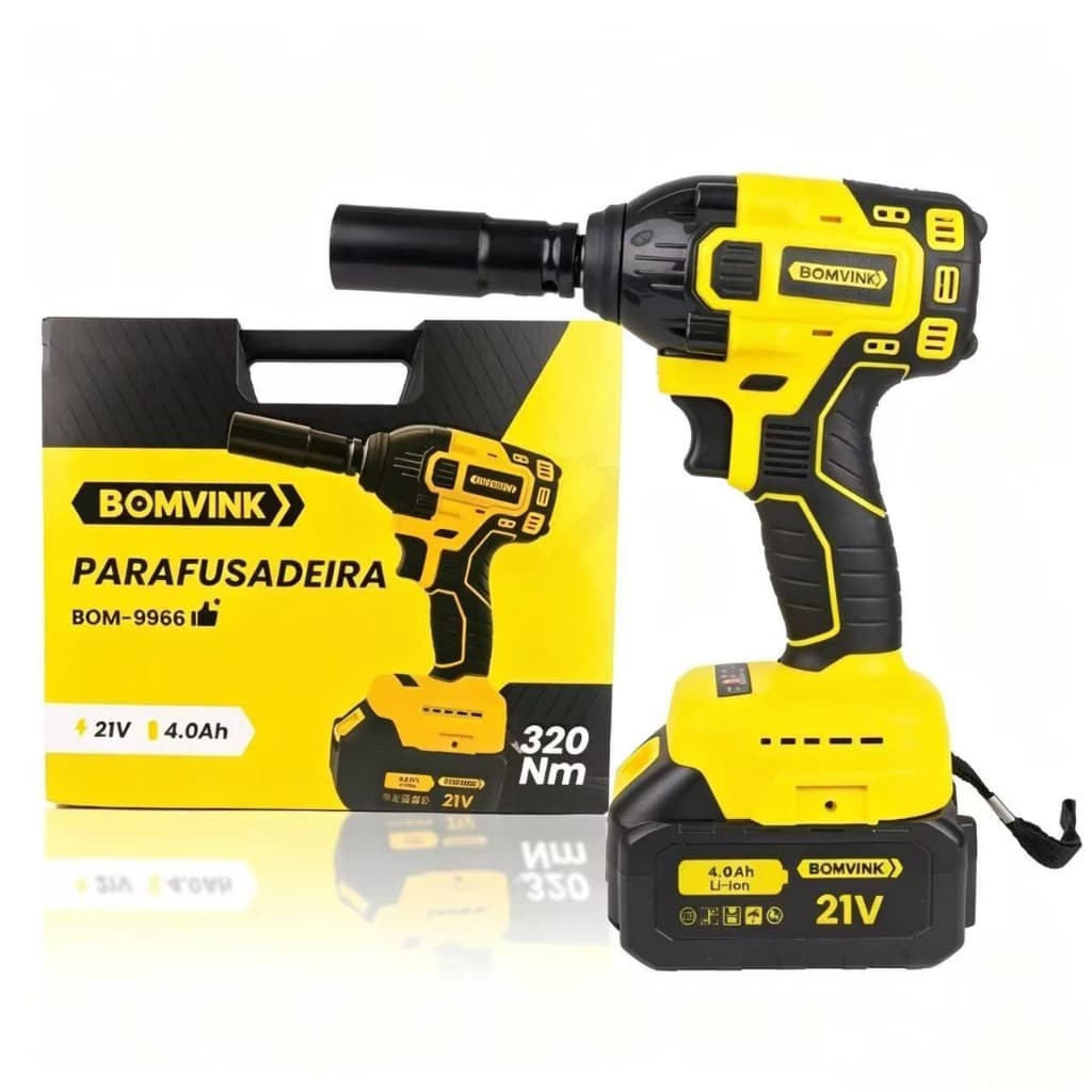 Chave De Impacto Sem Fio 21V Brushless 1/2 Pol 320Nm BOMVINK Kit Completo 46 Peças Com 2 Baterias