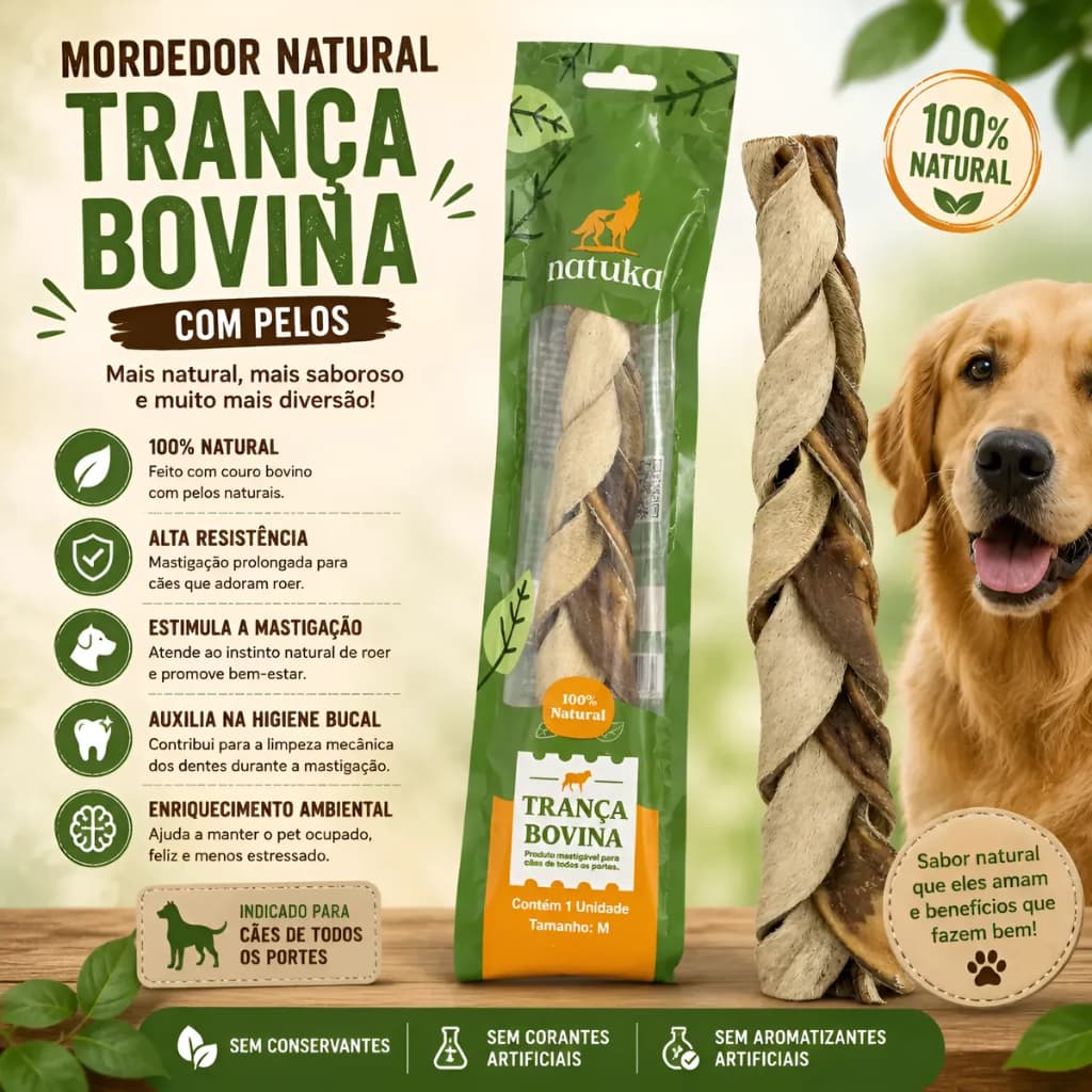 Mordedor Natural Para Cachorro Trança De Couro Bovino Resistente