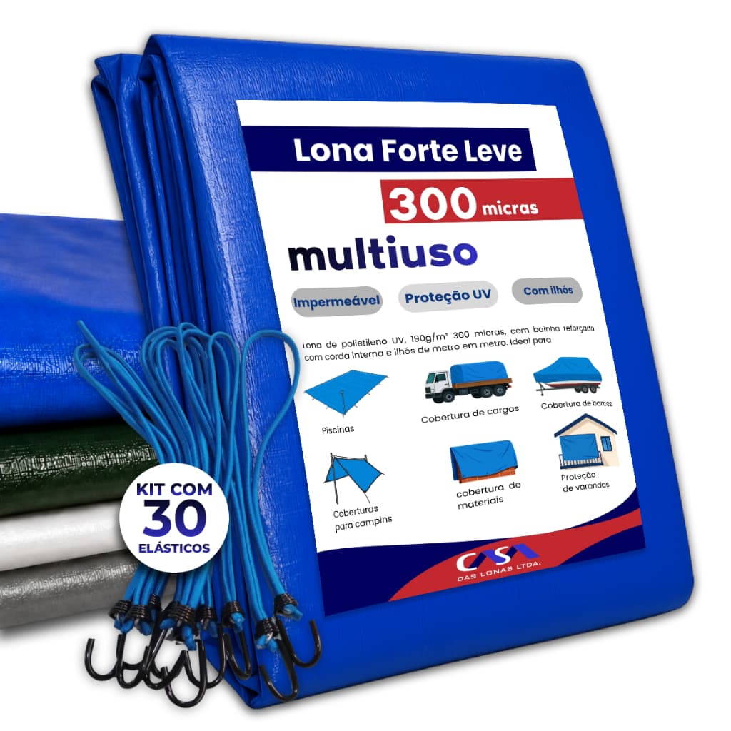 Kit Lona Reforçada Impermeável 300 Micras com Ilhós 5x5 7x4 + 30 Elásticos Azul Cobertura