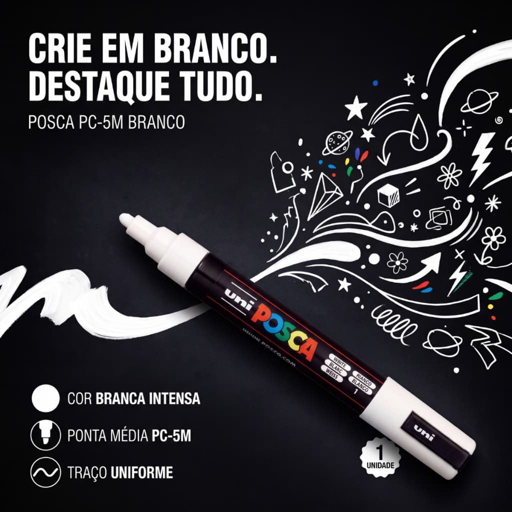 Caneta Marcador Posca Uni-ball Branca PC-5m Ponta Média 2.5mm Papelaria Arte Escola Escritório