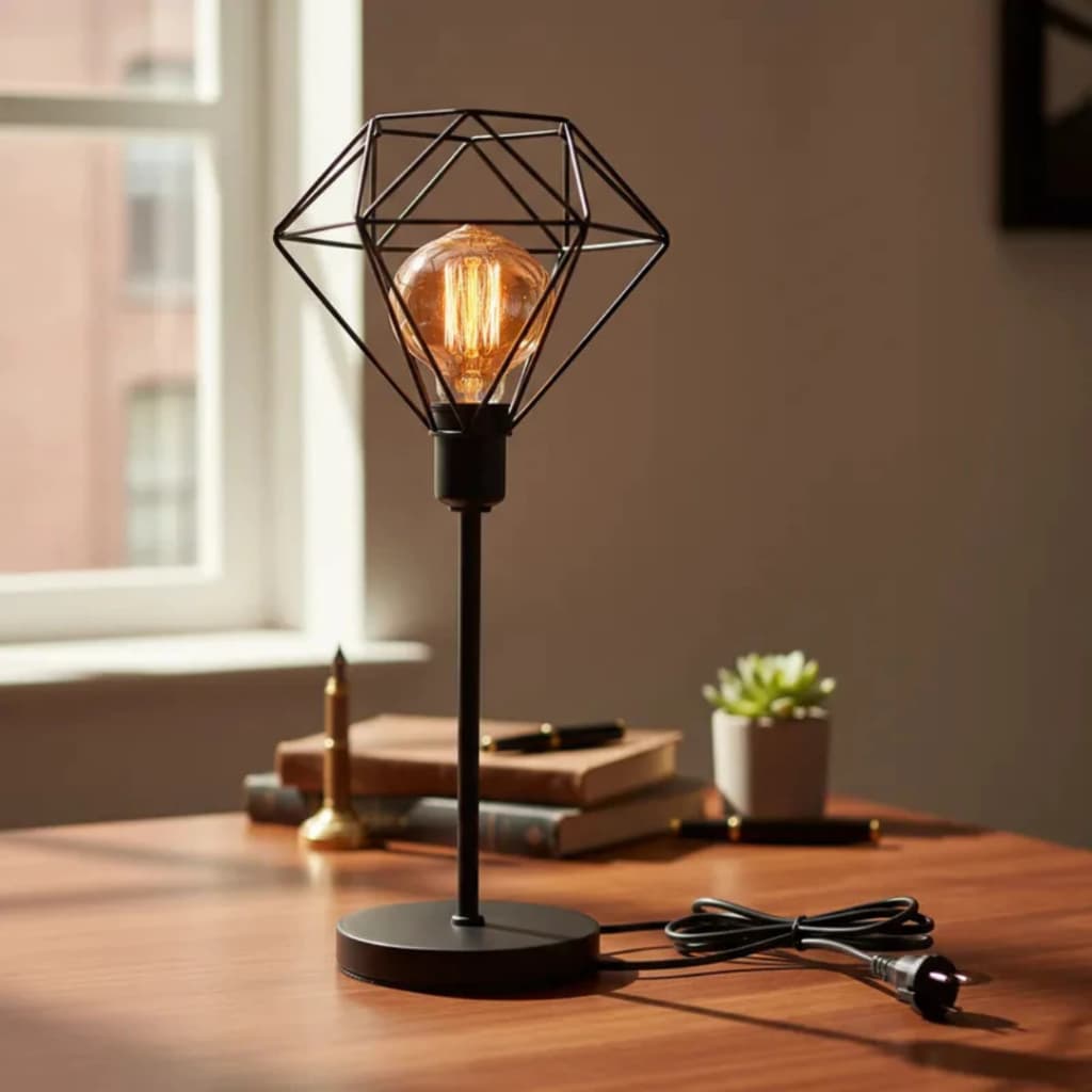Luminária de Mesa Abajur C/ Cúpula Diamante Aramado P/ Escritório Quarto Sala