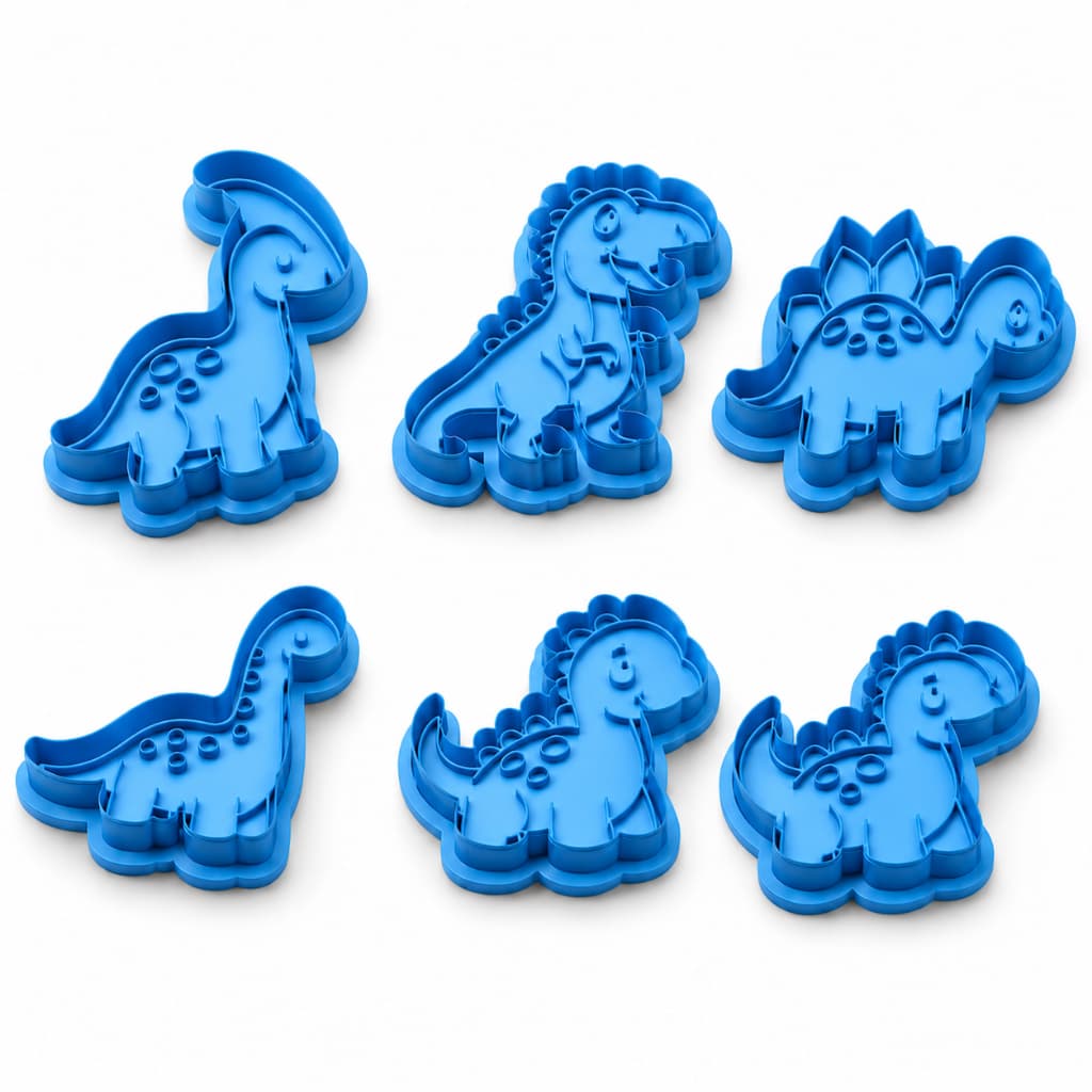 Kit 6 Cortadores de Biscoito Dinossauros com puxador, Cortador para Bolo Cookies Massinhas Molde
