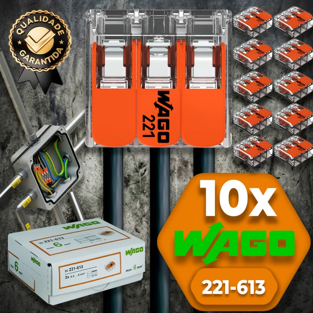 Conector de Fio Elétrico Conector Wago 221-613 Emenda 6mm 41A Conexão Automática Kit 10 Peças