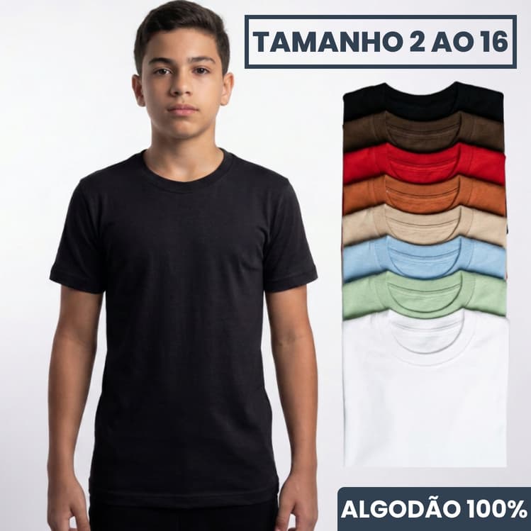 Camiseta Infantil Masculina Básica Lisa 100% Algodão  (Tamanho 2,4,6,8,10,12,14, e 16) Cores Variáveis