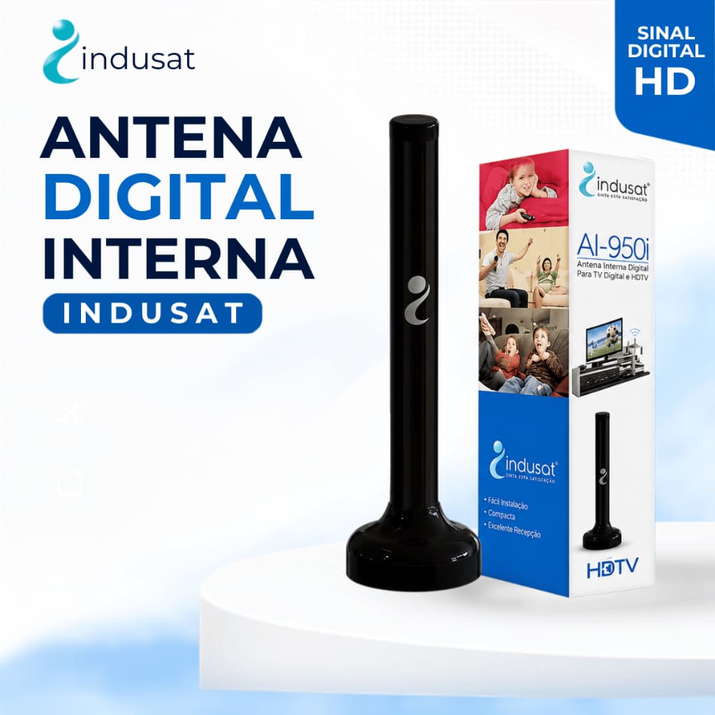 Antena Digital Interna Indusat AI-950i HDTV VHF UHF FM Cabo 1,5m ou 5m