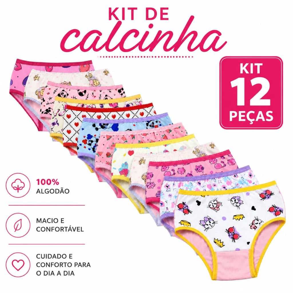 Kit De 12 Calcinhas Infantis Estampadas Com Forro Toda De Algodao  Cores Variadas  (  10 e 12pcs)