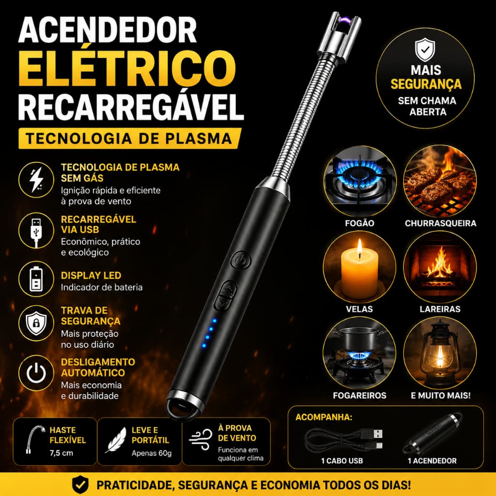 Acendedor Elétrico Recarregável USB Plasma Isqueiro p/ Fogão Churrasqueira Velas Haste Flexível LED