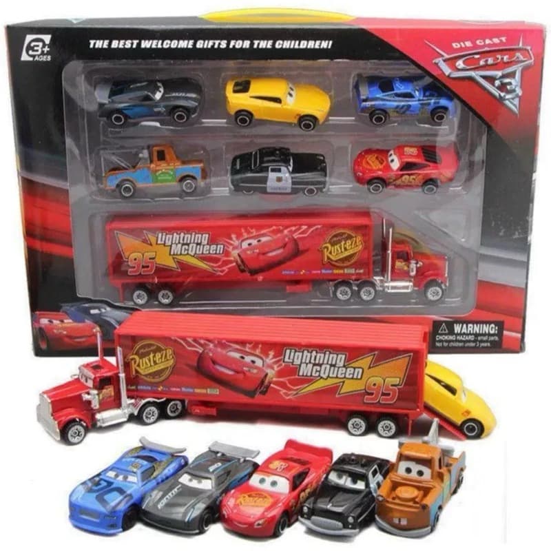 Kit Cars Caminhão Mack + 6 Carrinhos de Metal Die Cast Relâmpago McQueen Mate Colecionável