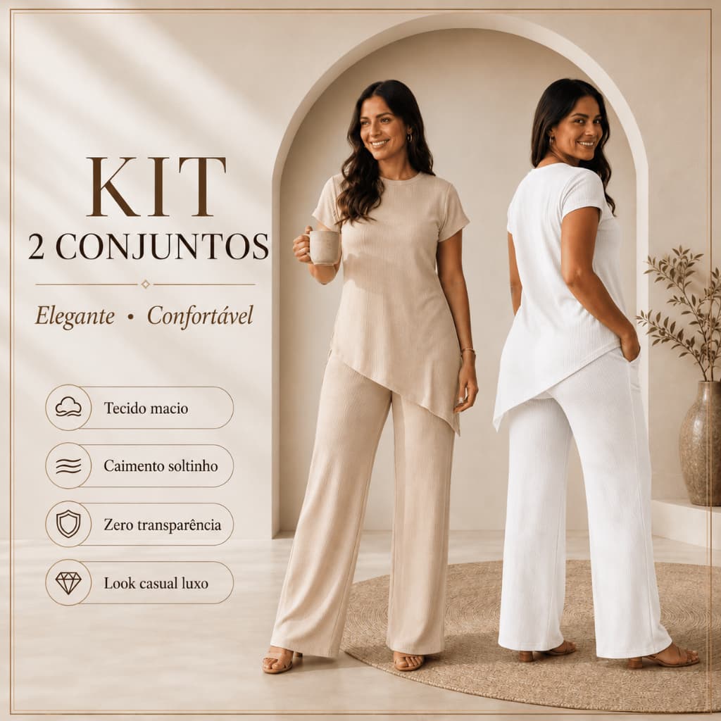Kit 2 Conjuntos Femininos Pantalona Canelado Elegante Assimétrico Confortável