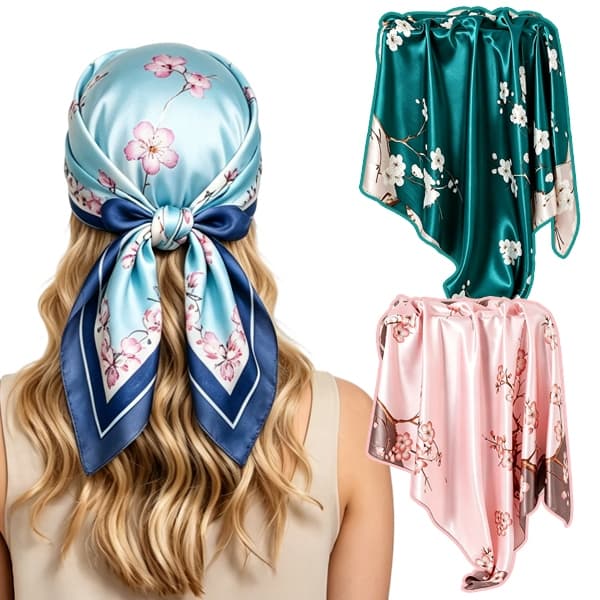 Lenço Quadrado Cetim Seda Retro Floral 90cm, Uso Cabeça Pescoço, Acessório Versátil,Cores Aleatórias