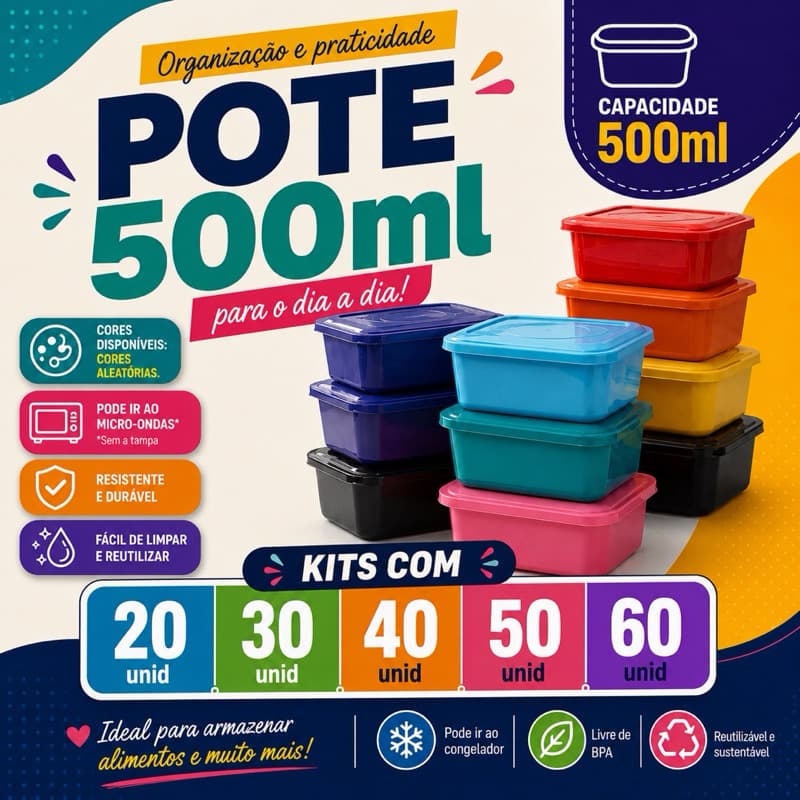 Kit Potes Plásticos 500ml com Tampa | 20 até 60 Unidades | Multiuso para Alimentos, Marmitas