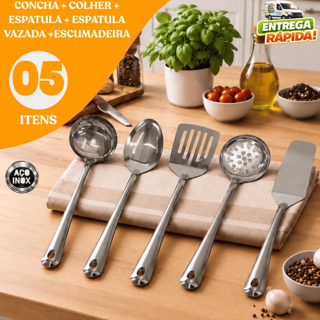 Kit 05 Utensílios Inox Alta Qualidade Resistente para Cozinha Restaurante Buffet Festa Junina Copa