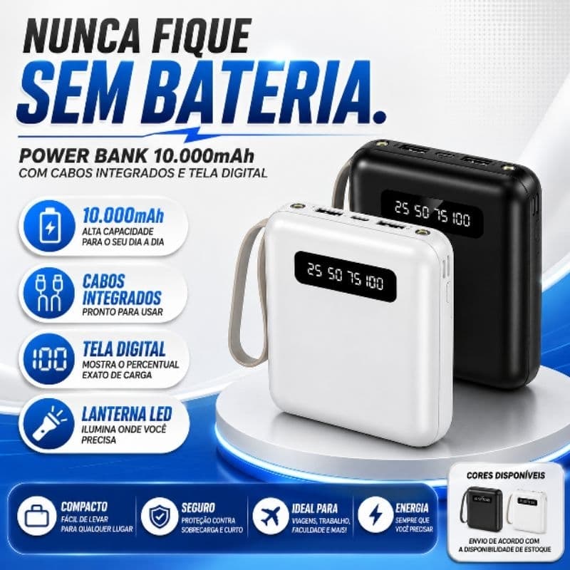 Power Bank 10000mAh Carregador Portátil com Tela Digital Bateria Externa USB Tipo-C Compacto