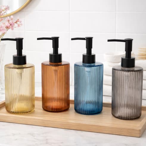 Porta Sabonete Liquido Vidro Dispenser Saboneteira Lavabo Banheiro Colorido Fume Canelado 400ml