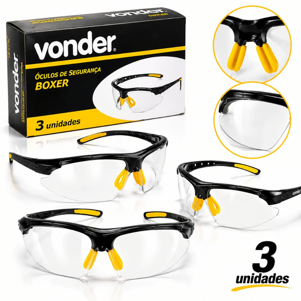 Kit 3 Óculos De Segurança Incolor Trabalho Epi Vonder Anti Risco Modelo Boxer Proteção Envio Imediato CA