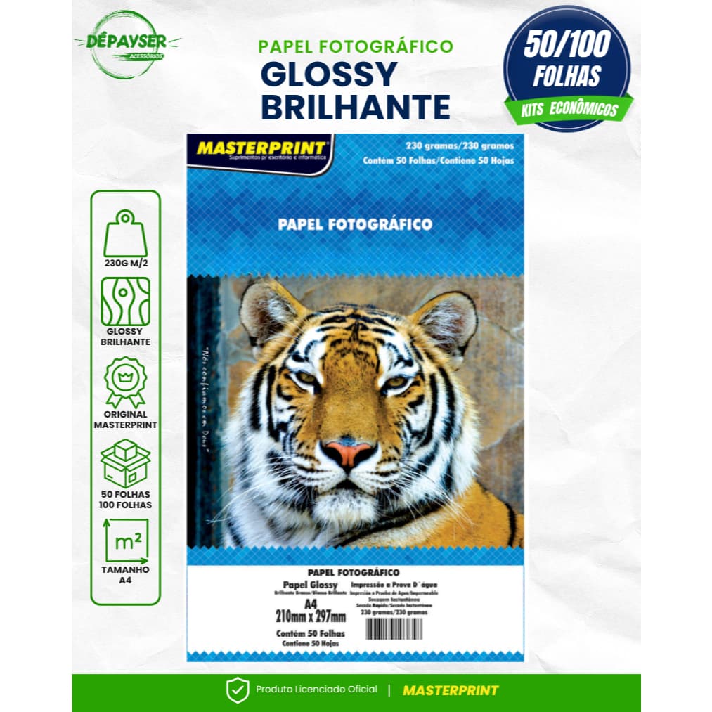 Papel Fotográfico Sem Adesivo A4 230g Branco Glossy Masterprint Premium Kits com 50 ou 100 Folhas