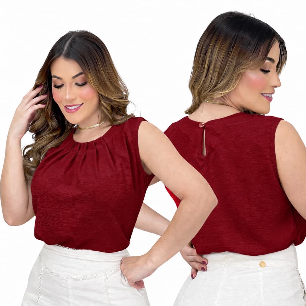 Blusa Feminina Regata Elegante Gola Plissada Tecido Leve Moda 2026 Verão