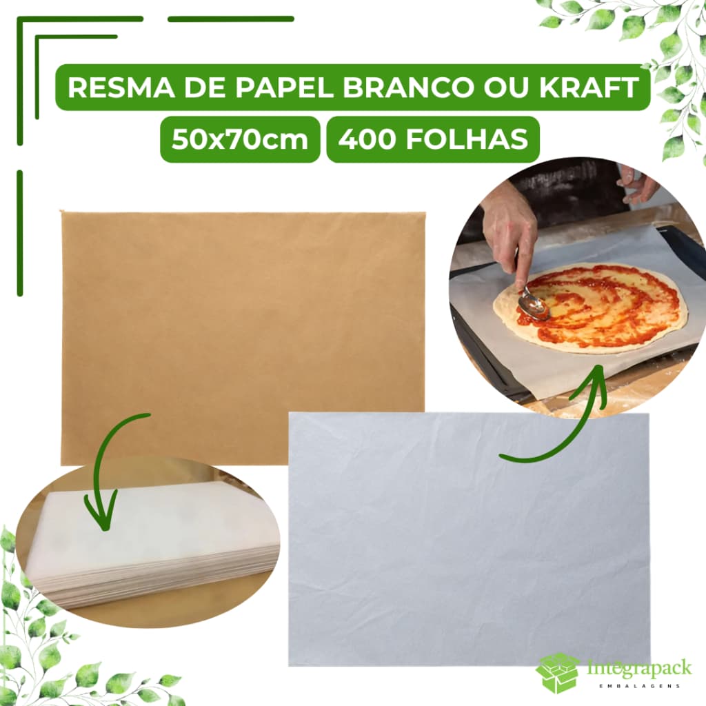 Resma Papel Kraft Branco Antigordura 50x70cm Lanches Hambúrguer Pastel Delivery Papel Manteiga