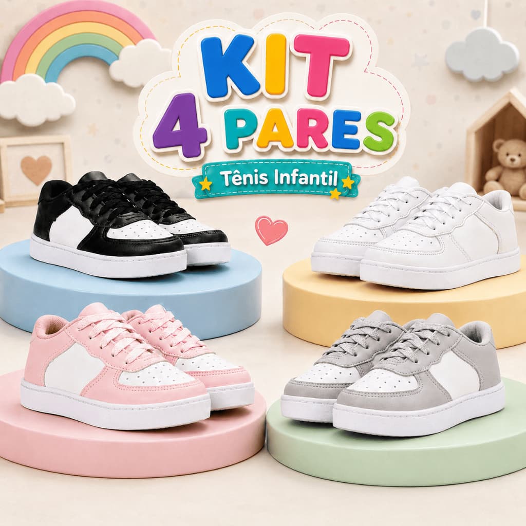 KIT 4 PARES Tênis Infantil Casual Branco Confortável Escolar Leve Macio Meninos e Meninas Uso Diário