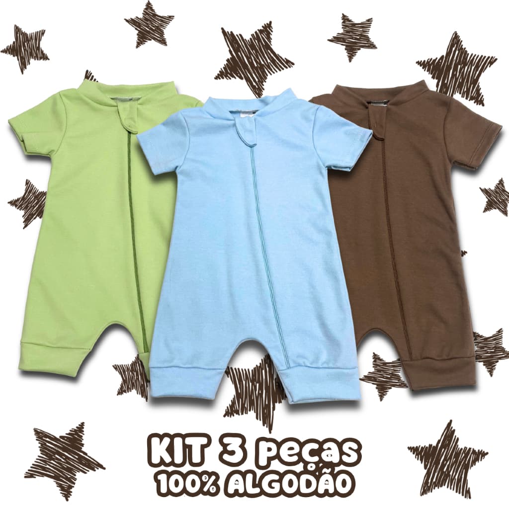 Kit 3 Macacão Minimalista de Bebê Menino Curto RN ao G