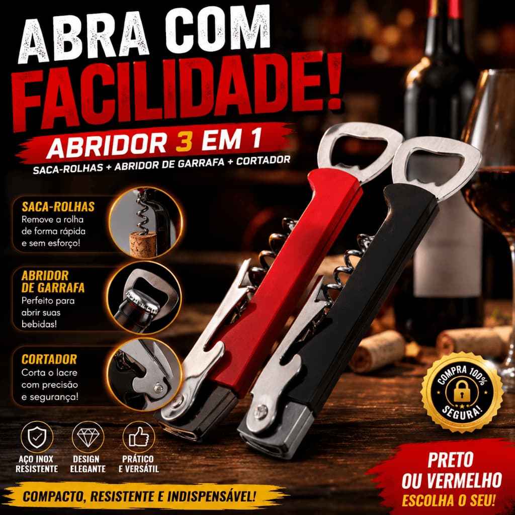 Kit Abridor de Vinho Profissional 3 em 1 Saca Rolhas Inox Abridor de Garrafa Resistente Preto ou Vermelho