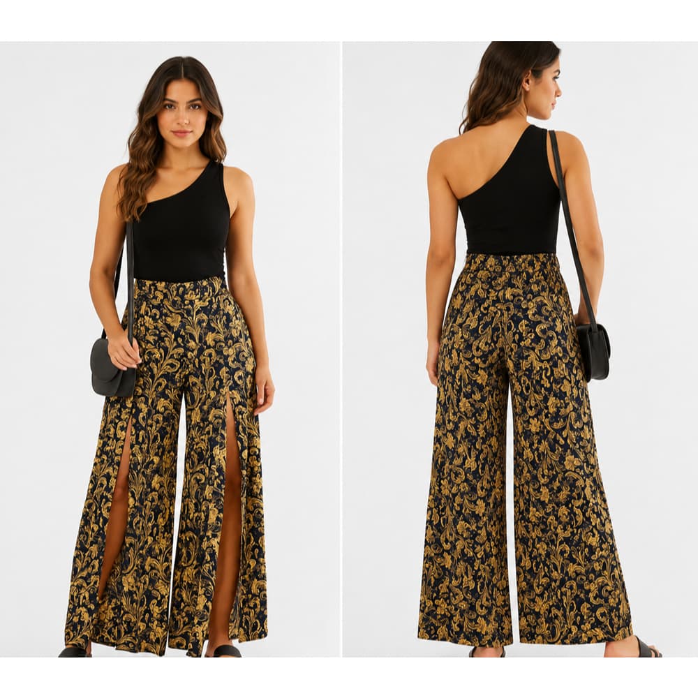 Calça Pantalona Feminina Forrada Fendas frontais Soltinha Levinha Cintura Alta Elastico Estampada