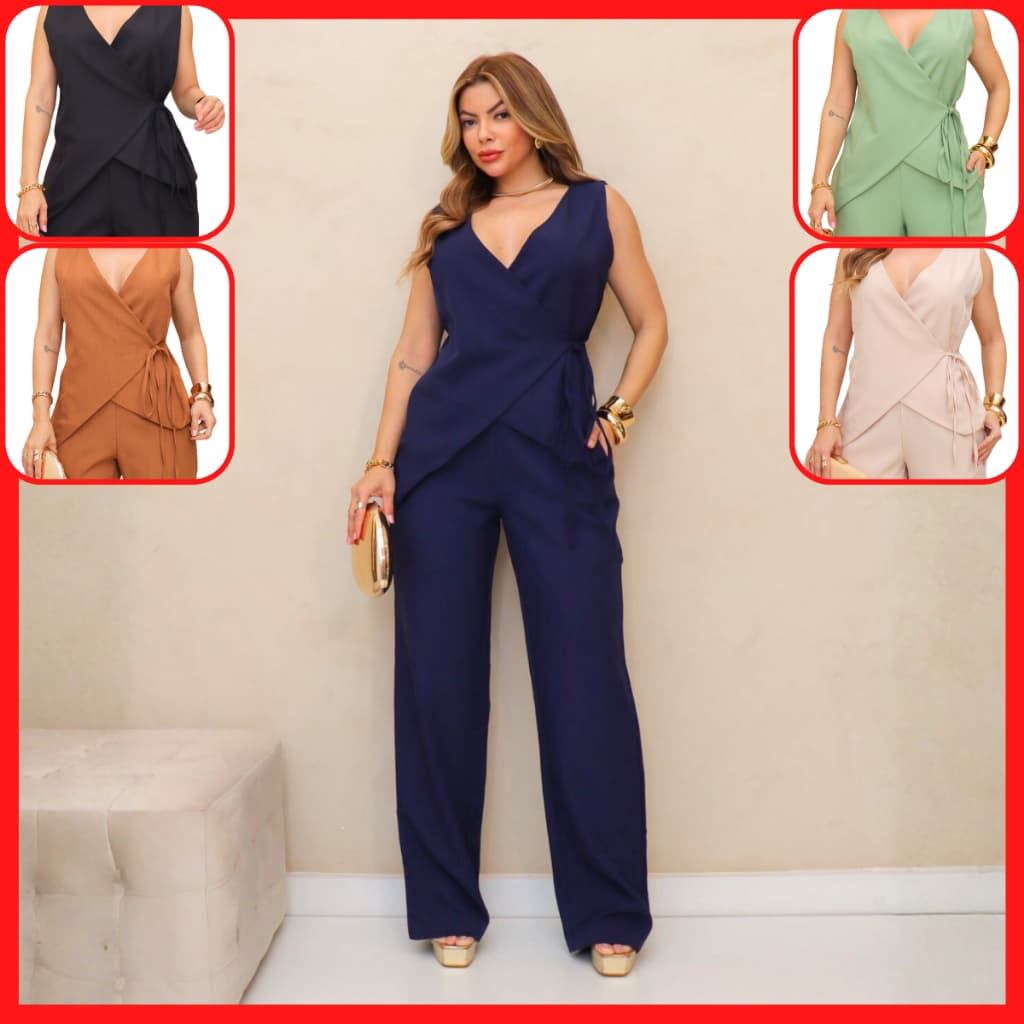 Conjunto Feminino Calça Pantalona e Blusa Transpassada Acinturada Linho Alfaiataria Premium de Luxo