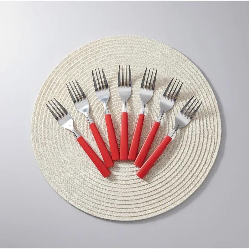 Kit 12 Garfo De Mesa Vermelho 18cm Inox Com Cabo De Plástico