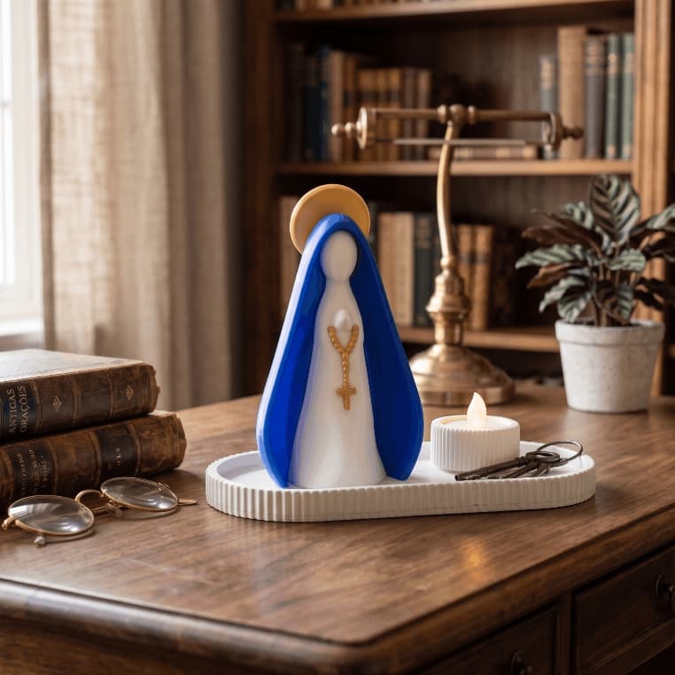 Nossa Senhora Aparecida Decorativo com Suporte Vela LED com Bandeja