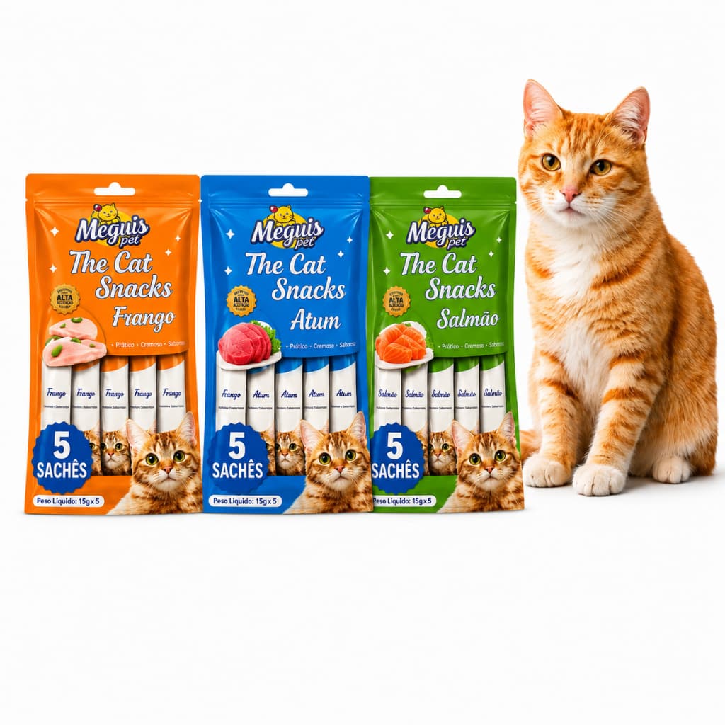 Petisco Para Gato Meguis Pet The Cat Snacks 5 Sachês Cremoso Frango Atum Salmão 15g