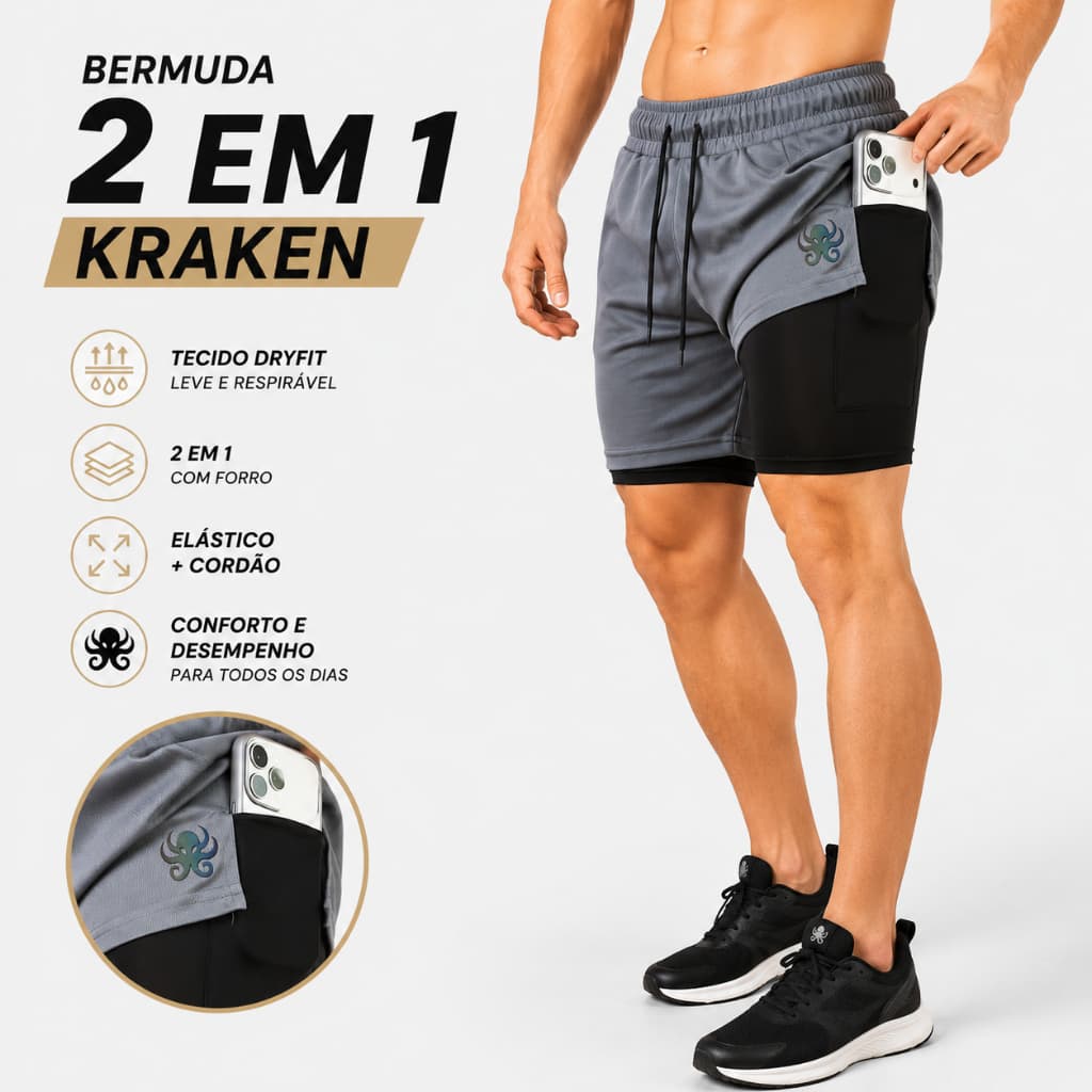Bermuda Masculina 2 em 1 Kraken Premium com Forro de Compressão.