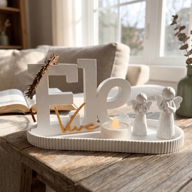 Kit Decorativo Religioso Ele Vive Com Bandeja, Anjos, Vela LED e Coroa de Espinhos