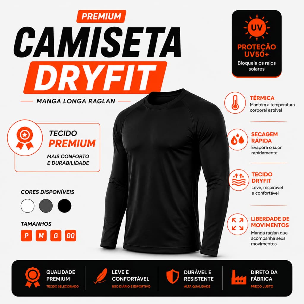 Camiseta Térmica Dry Fit Premium Manga Longa Raglan UV50 Proteção Solar Segunda Pele | Academia Fitness Treino