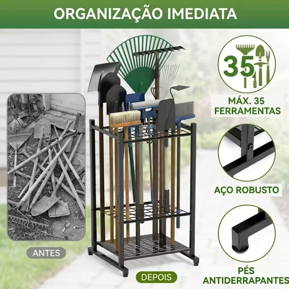 Rack De Armazenamento De Ferramentas De Jardim De Metal Preto , Comporta Até 35 , Garagem/Quintal Prateleira Universal