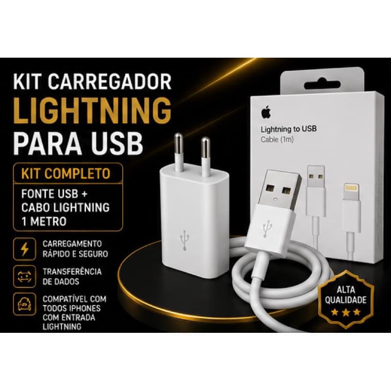 Kit Carregador USB para iPhone com Cabo Lightning 1 Metro Carregamento Rápido Fonte USB Compatível iPhone 6 ao 14 turbo